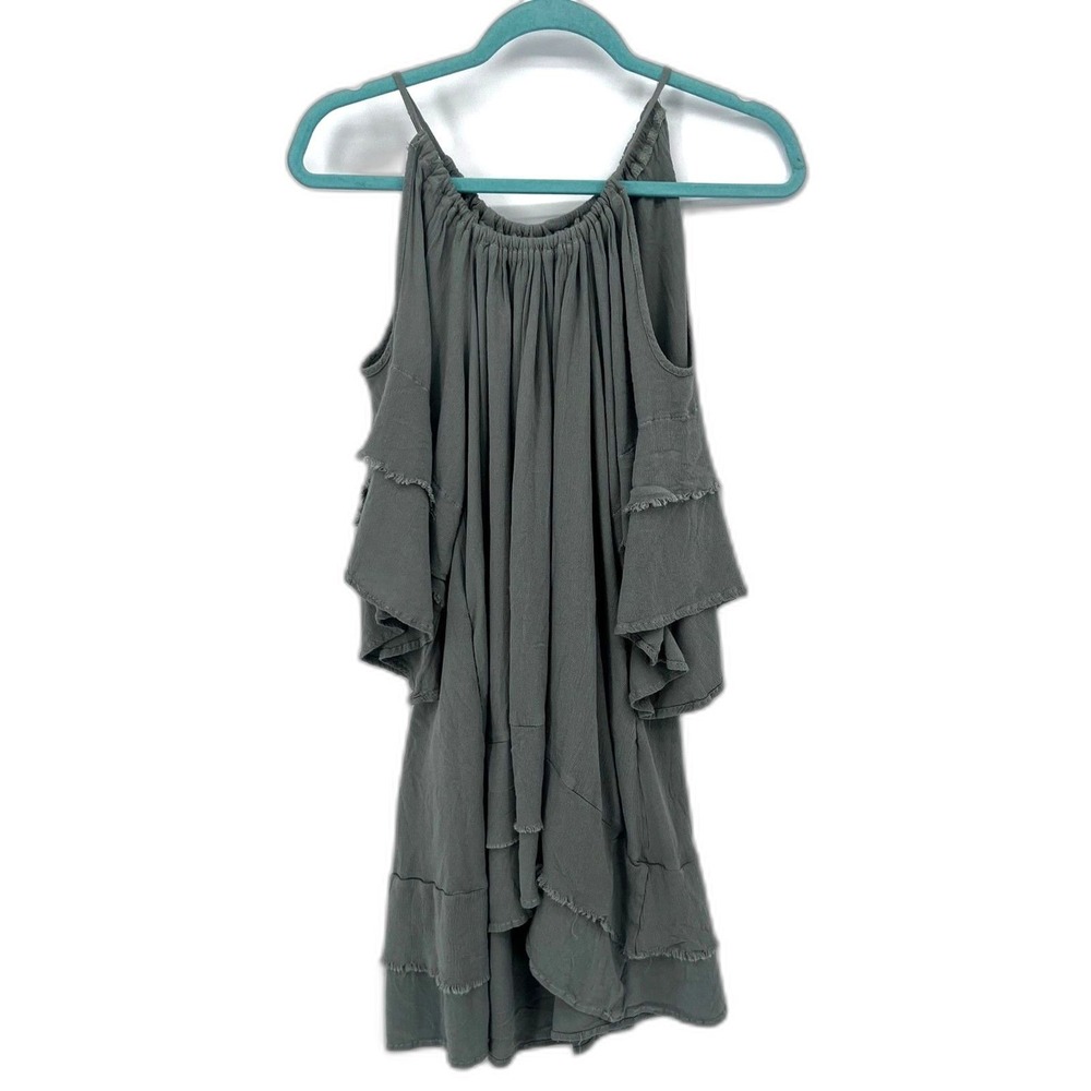 Boho Cold Shoulder Bell Sleeve Aline Babydoll Dress Fringed Trim‎ Green Size S/M